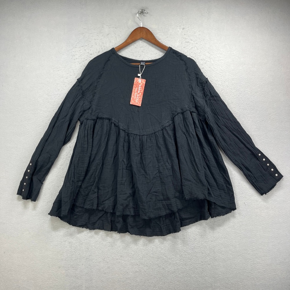 Peplum Blouse Womens XS Black Gauze Cotton Raw Hem Long Sleeve Boho Chic NEW